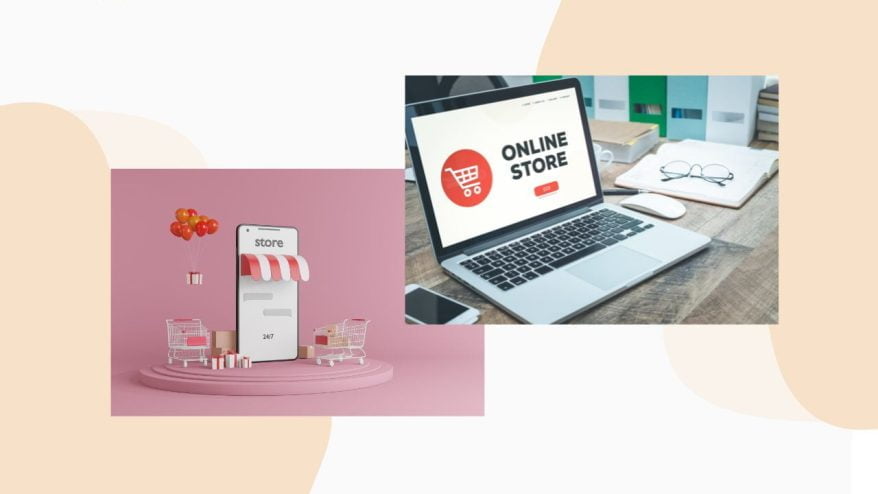 An image of mobile and laptop with online store